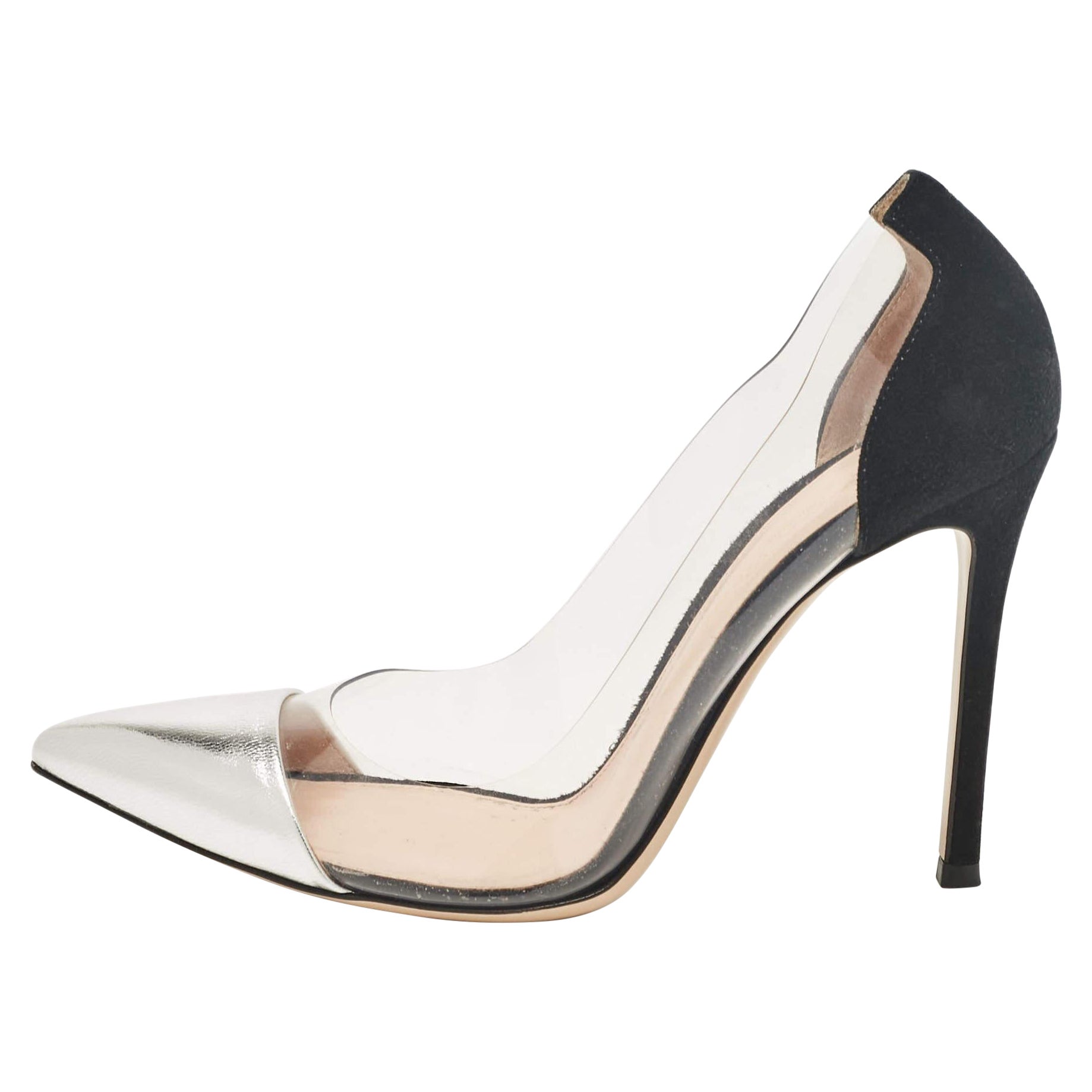 Gianvito Rossi Silver/Black Leather  Suede and PVC Plexi Pumps Size 36.5 For Sale