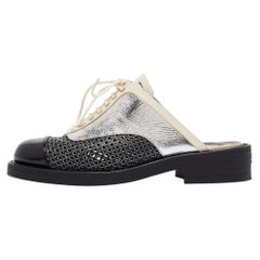 Chanel Black/Silver Patent and Leather CC Lace Up Mules Size 36