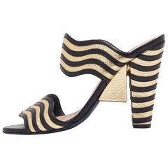 Fendi Black/Gold Leather Wave Striped Slide Sandals Size 39
