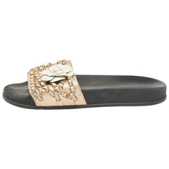 Chanel Metallic Leather CC Camellia Chain Link Detail Slides Size 40