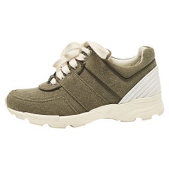 Chanel Army Green/White Canvas and Leather CC Low Top Sneakers Size 35.5