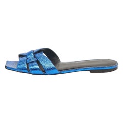 Saint Laurent Metallic Blue Leather Tribute Flat Slides Size 38.5