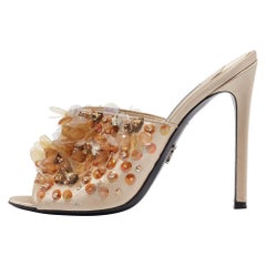 Prada Beige Satin Embellished Slide Sandals Size 37
