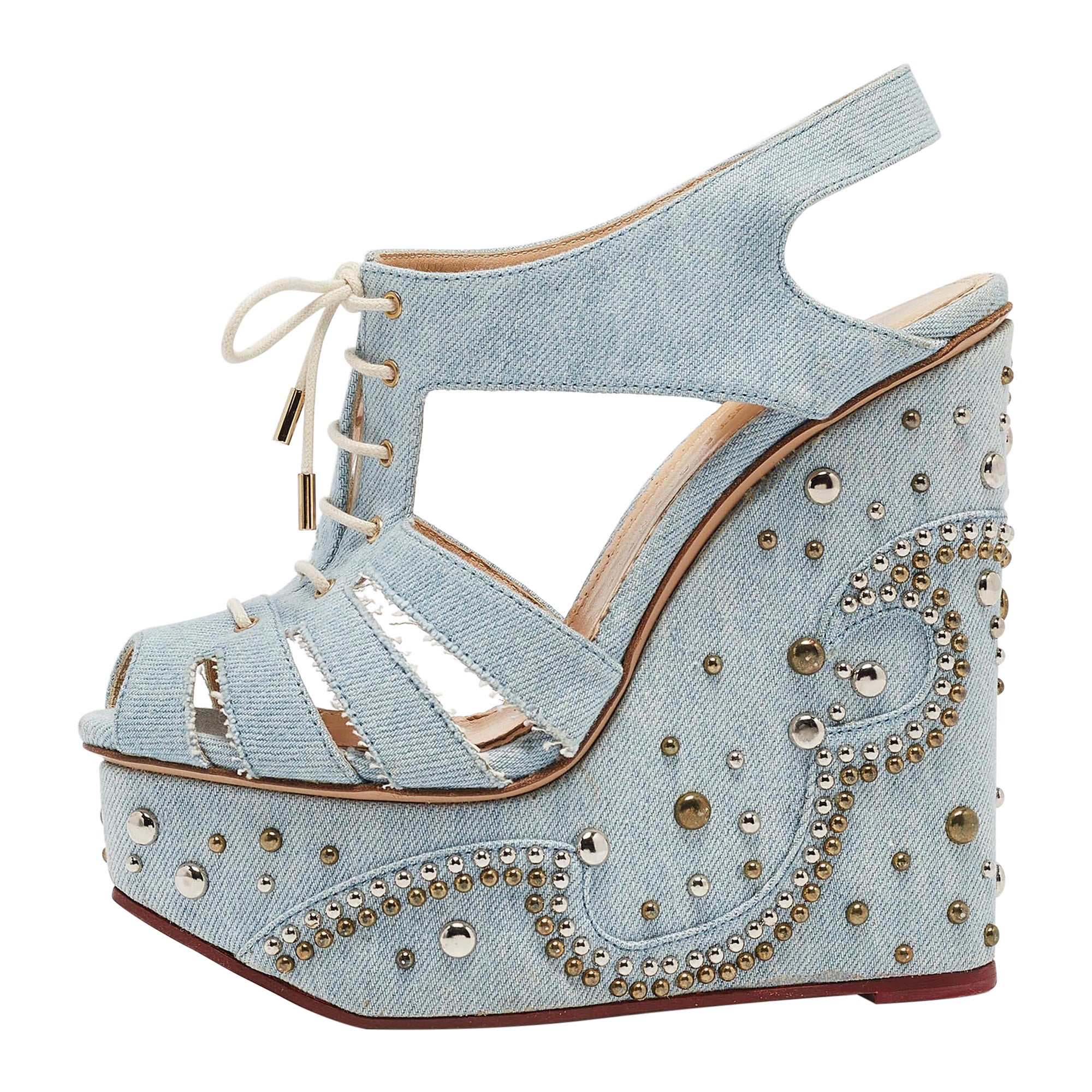 Charlotte Olympia Blue Denim Studded Cut Out Wedge Platform Sandals Size 37 For Sale