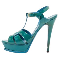 Saint Laurent Green Patent Leather Tribute Platform Sandals Size 39