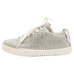 Moschino Grey/Silver Crystal Embellished Satin Leather Low Top Sneakers Taglia 38