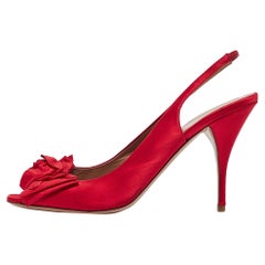 Valentino Red Satin Bow Peep Toe Slingback Pumps Size 40