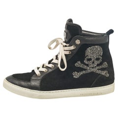Philipp Plein Black Leather Suede Skull High Top Sneakers Size 40