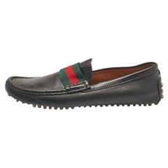 Gucci Black Leather Vintage Web Detail Loafers Size 43.5