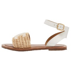 Celine Beige Leather and Raffia Ankle Strap Flat Sandals Size 38