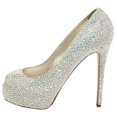 Le Silla Silver Crystal Embellished Suede Peep Toe Platform Pumps Taglia 37