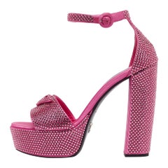 Prada Pink Satin Crystal Embellished Platform Ankle Strap Sandals Size 39