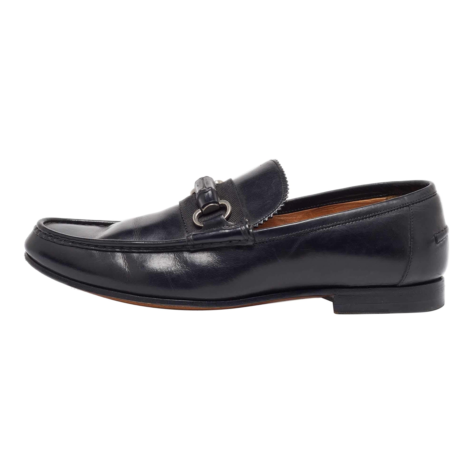 Mocasines Gucci Black Leather Bamboo Horsebit Slip On Talla 41.5