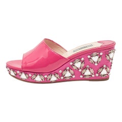 Prada Pink Patent Leather Embellished Wedge Sandals Size 39