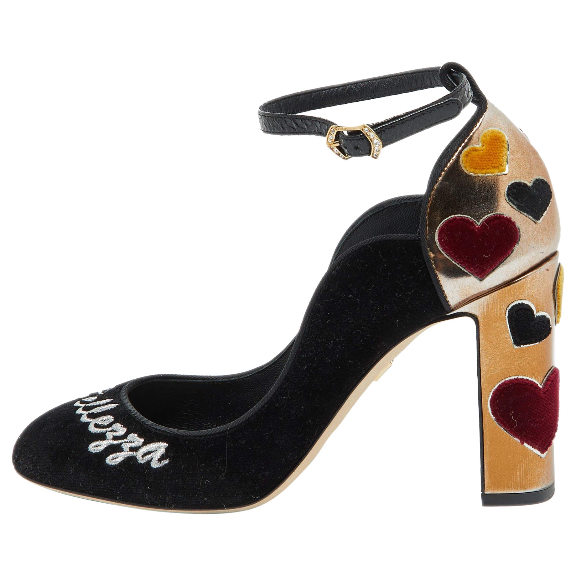 Dolce & Gabbana Black/Gold Velvet and Leather L' Amore Block Heel Pumps Size 39 For Sale