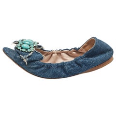 Miu Miu Blue Denim Crystal Embellished Bow Scrunch Open Toe Flats Size 37