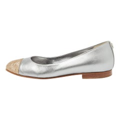 Chanel Grey/Gold Leather CC Cap Toe Ballet Flats Size 35