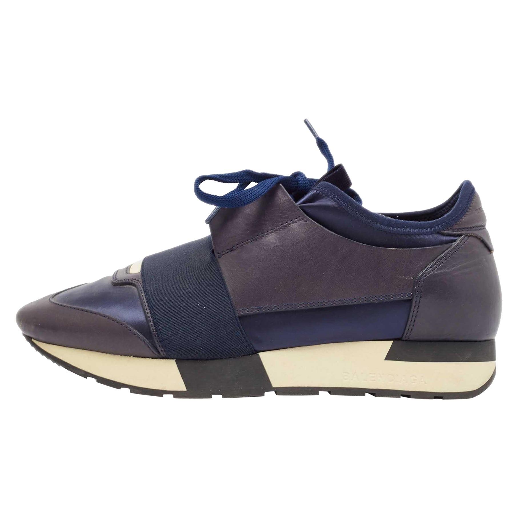 Baskets de course Balenciaga bleu marine en tissu et cuir à lacets, taille 37