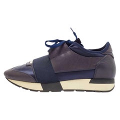 Balenciaga Navy Blue Fabric and Leather Race Runner Lace Up Sneakers Size 37