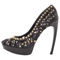 Alexander McQueen Black Leather Studded Cut Out Peep Toe Platform Pumps Size 37