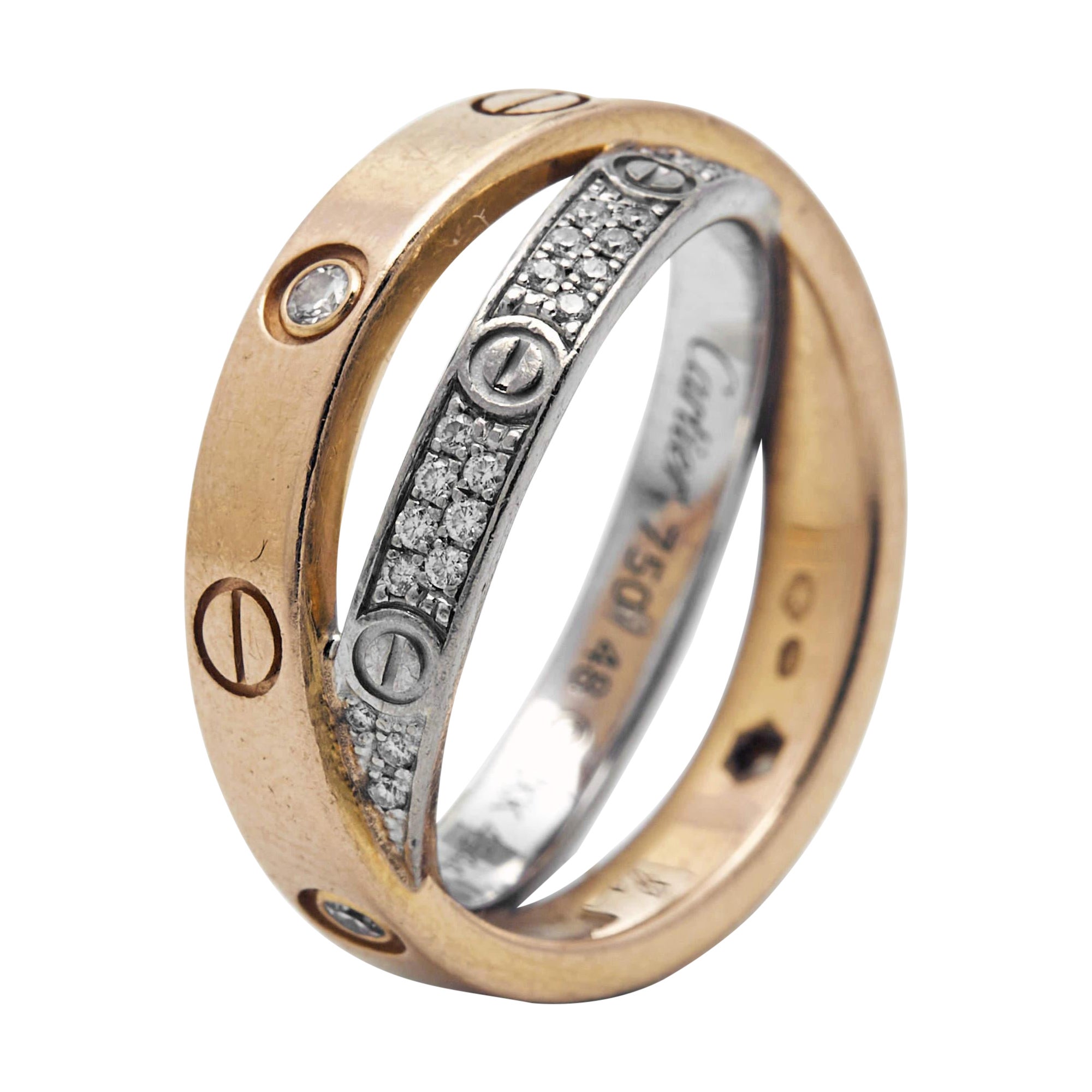 Cartier Love Pave Diamond Two Tone 18K Gold Double Band Ring Size 48 For Sale