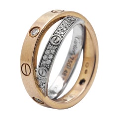 Cartier Love Pave Diamond Two Tone 18K Gold Double Band Ring Size 48