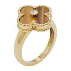 Van Cleef & Arpels Vintage Alhambra Tiger's Eye Diamond 18k Gold Ring Size 51