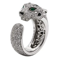 Cartier Panthere De Diamond Onyx Emerald 18K White Gold Cocktail Ring Size 48