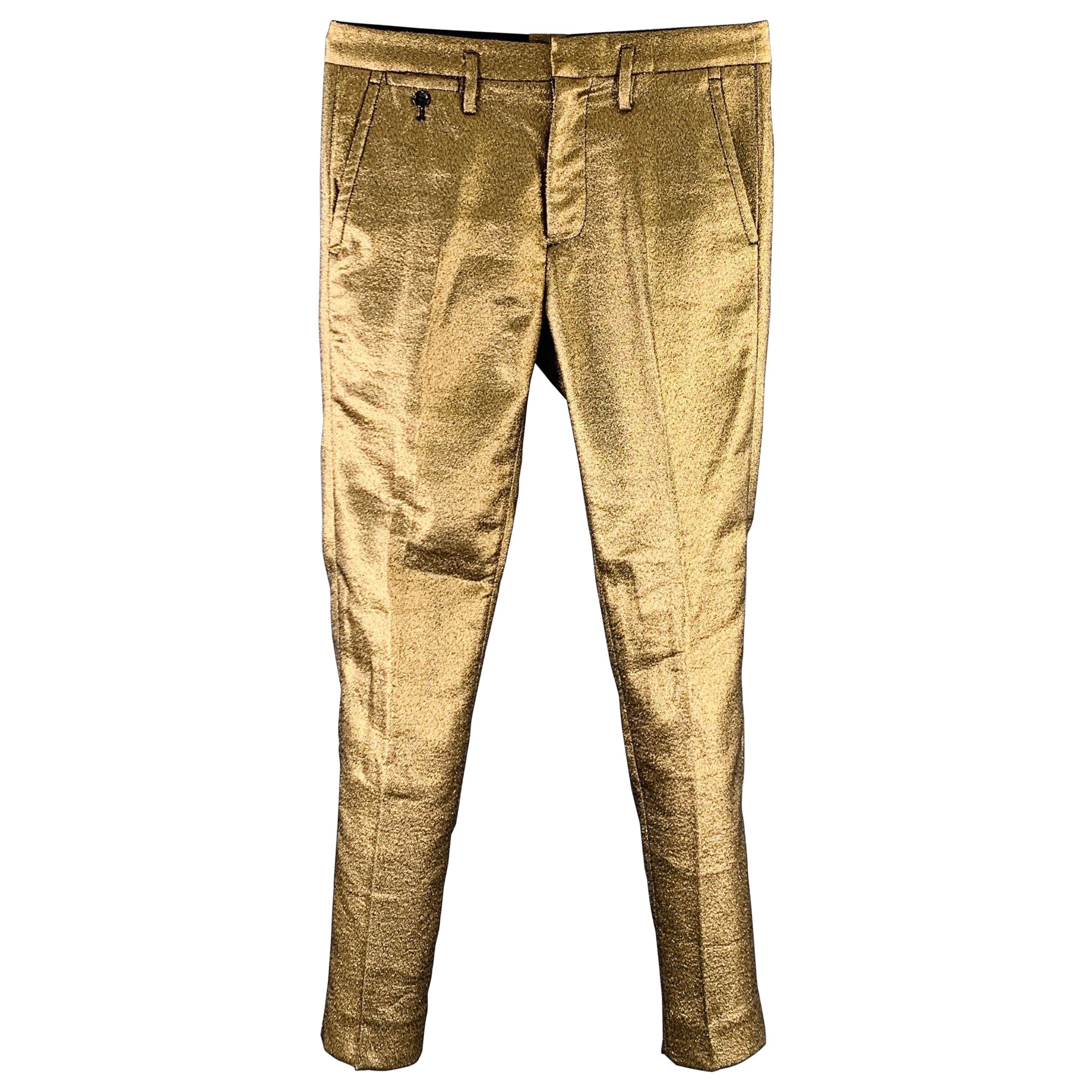 MARC by MARC JACOBS Pantalones de vestir con parte delantera plana en mezcla de poliéster metalizado dorado talla 30 en venta
