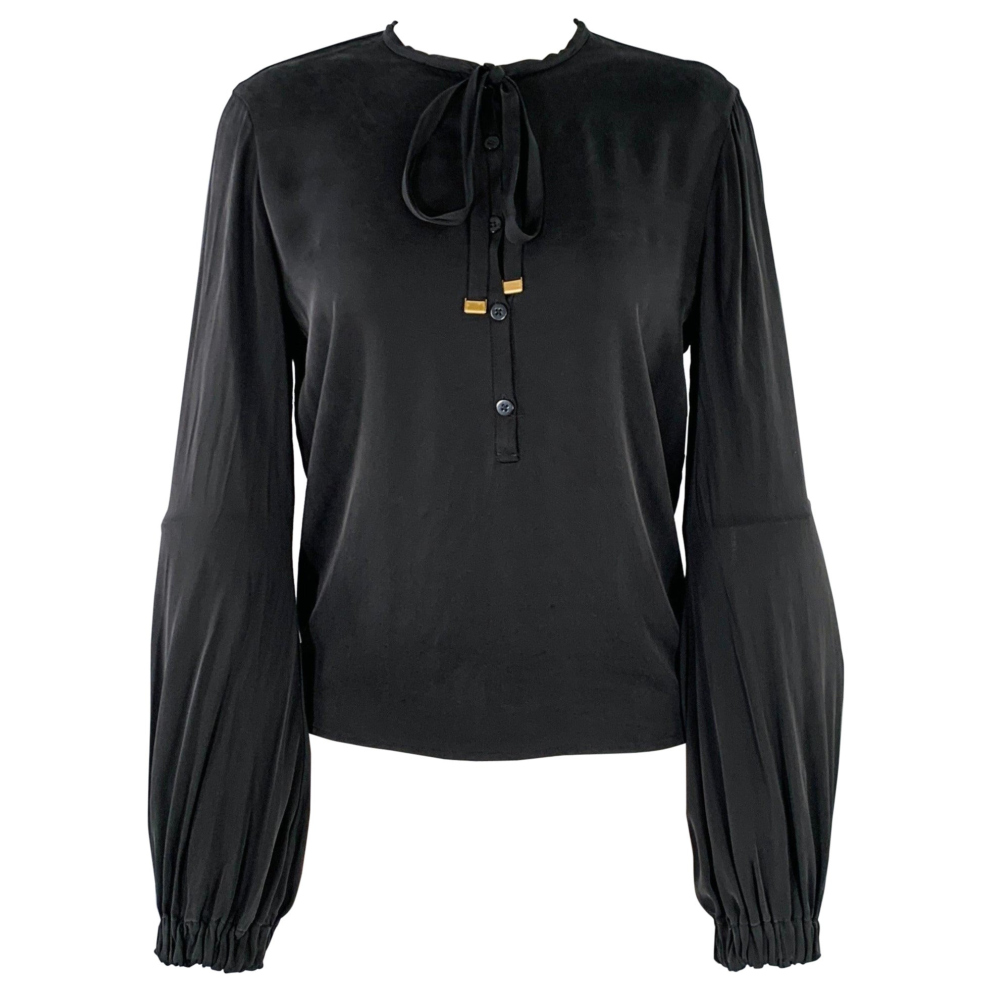 DIANE VON FURSTENBERG Size 6 Black Silk Blend Half Placket Shirt For Sale
