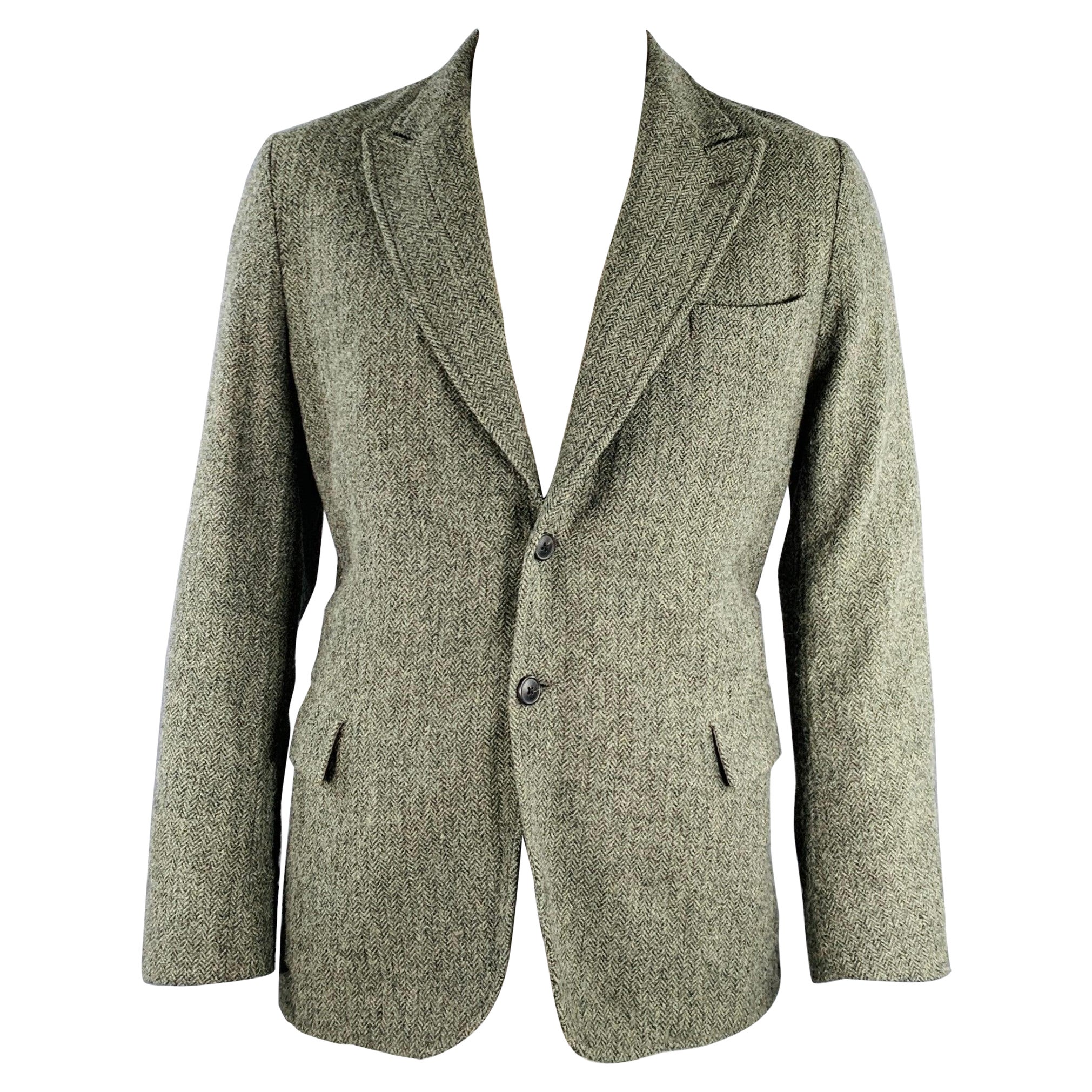 DRIES VAN NOTEN Size 44 Green Herringbone Wool Peak Lapel Sport Coat For Sale
