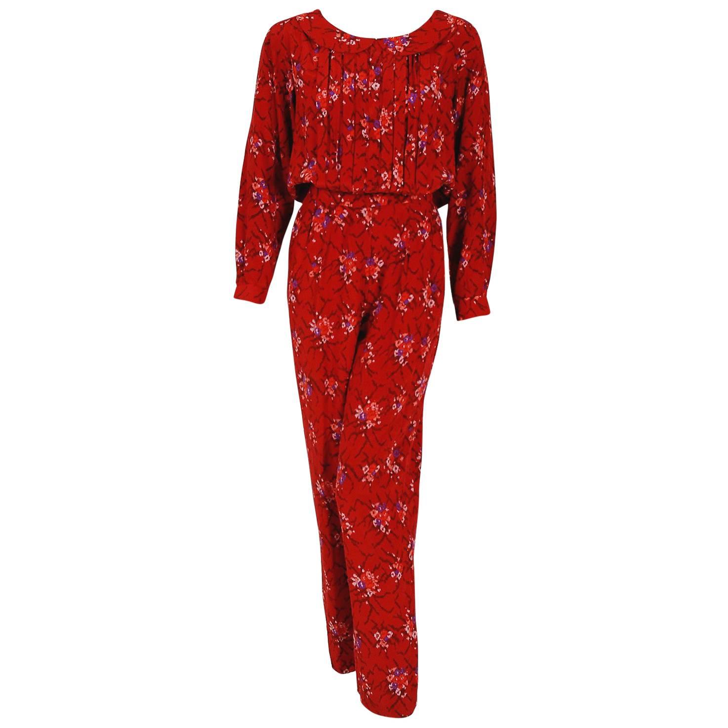 1977 Lanvin Haute-Couture Graphic Red Floral Silk Pleated Blouson Jumpsuit