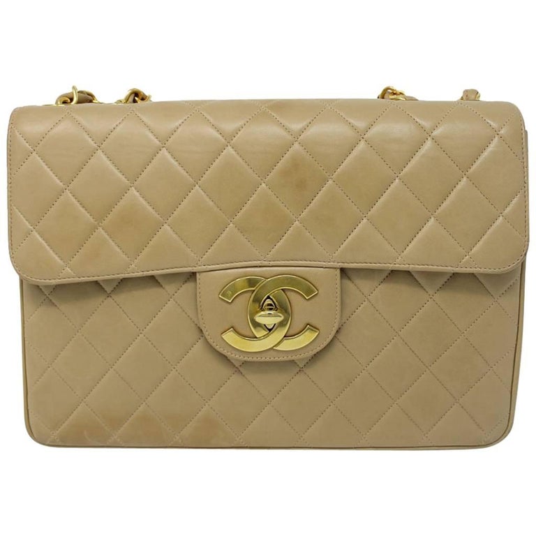 Chanel Beige/Tan Vintage Quilted Lambskin Maxi Single Flap Bag GHW