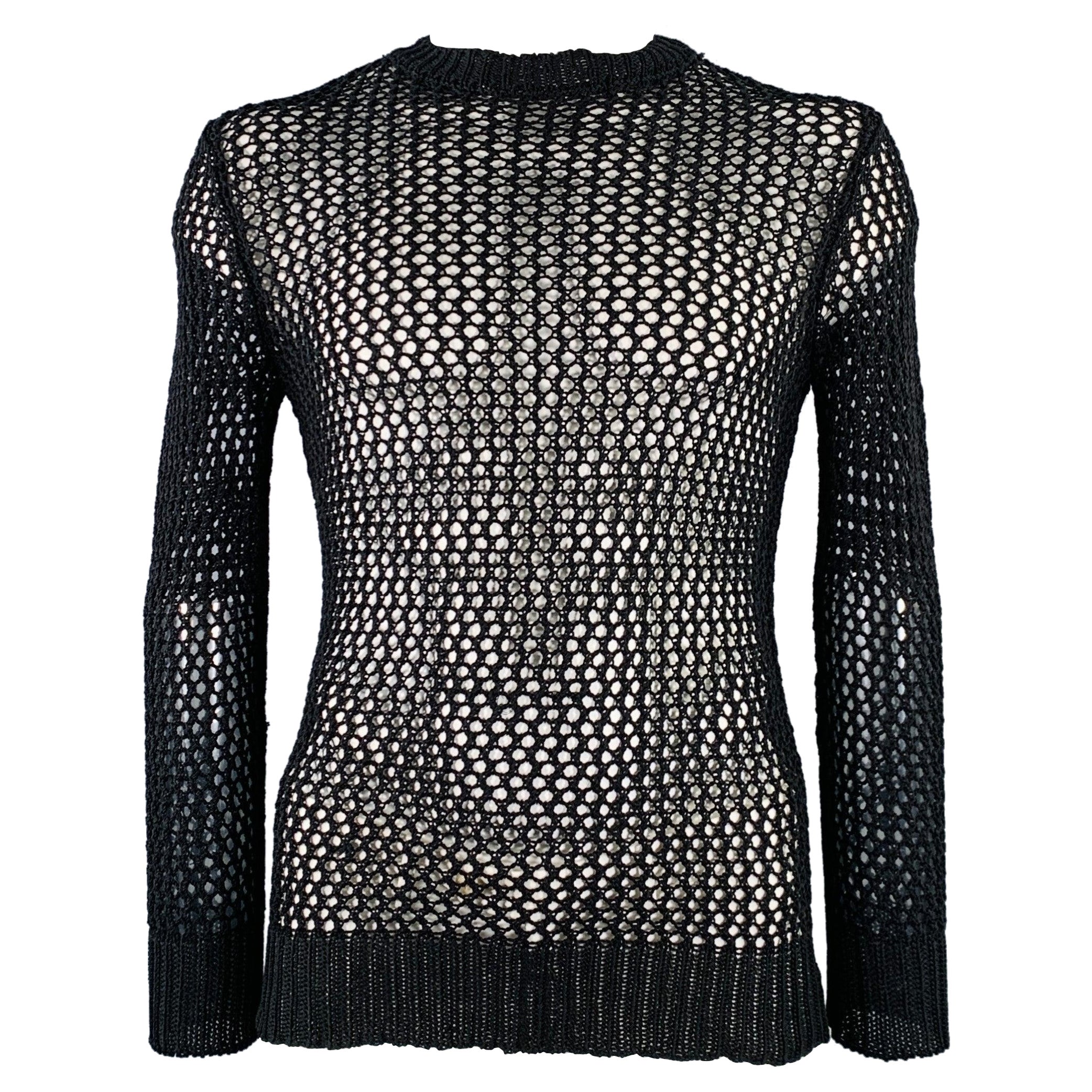 DRIES VAN NOTEN Size L Black Fishnet Crew Neck Pullover For Sale