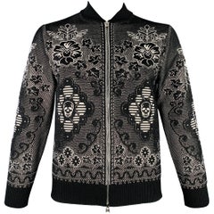 ALEXANDER MCQUEEN Size L Black White Floral Wool Blend Bomber Jacket