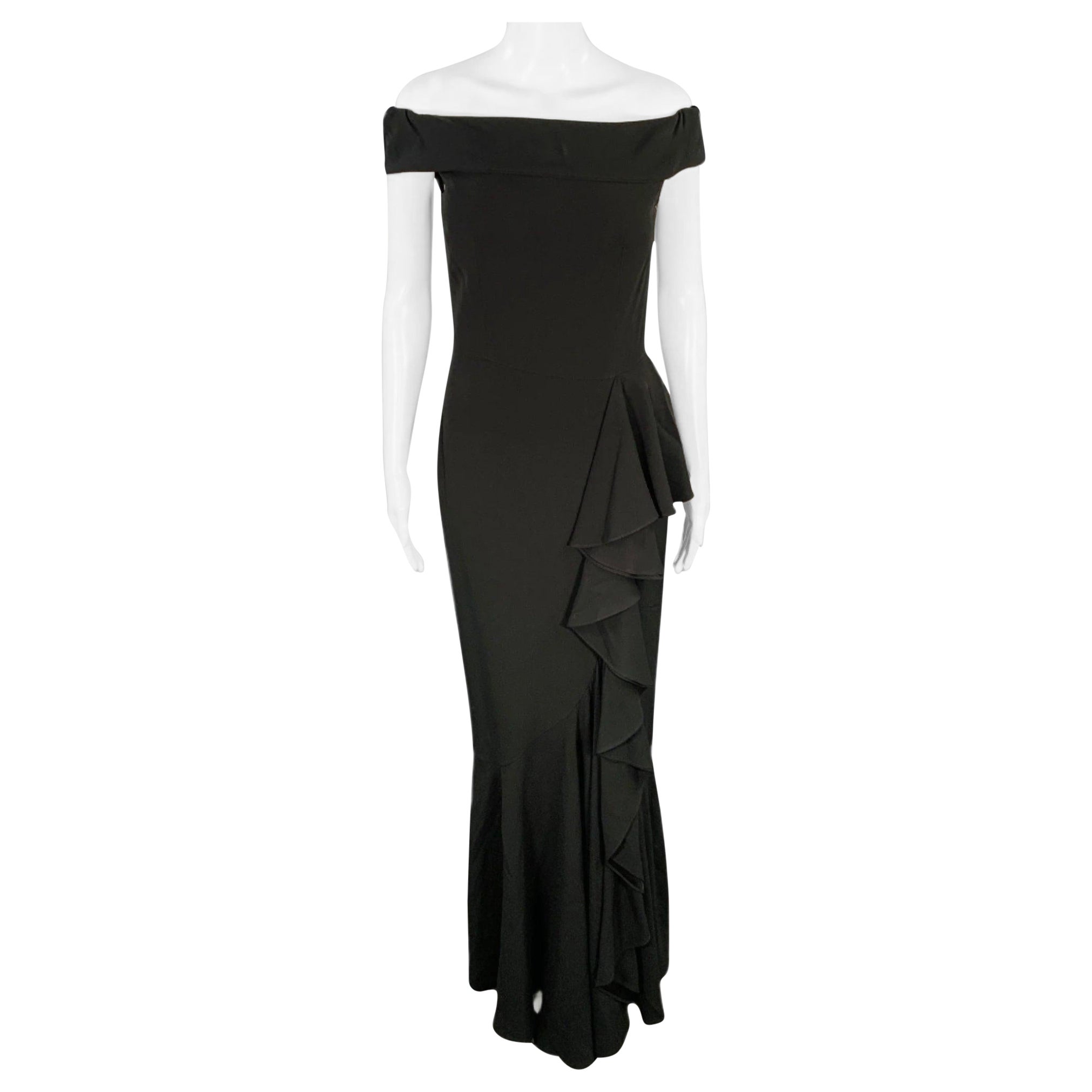 ALEXANDER MCQUEEN Size 4 Black Viscose Blend Ruffled Off Shoulder Evening Gown For Sale