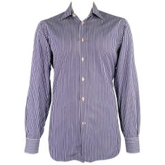 KITON Size XXL Navy White Stripe Cotton Long Sleeve Shirt