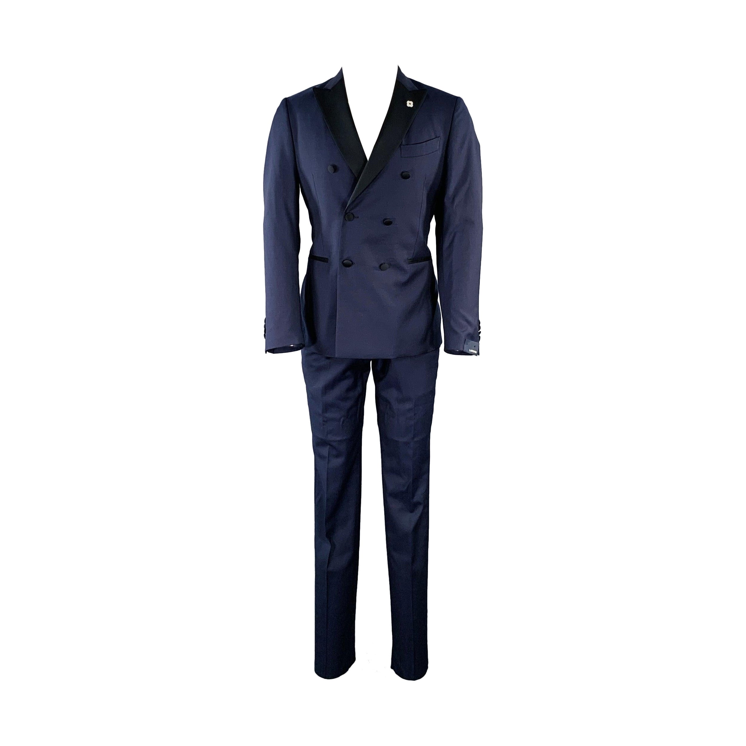 LARDINI Talla 38 Azul marino Negro Lana Esmoquin Doble Pechera