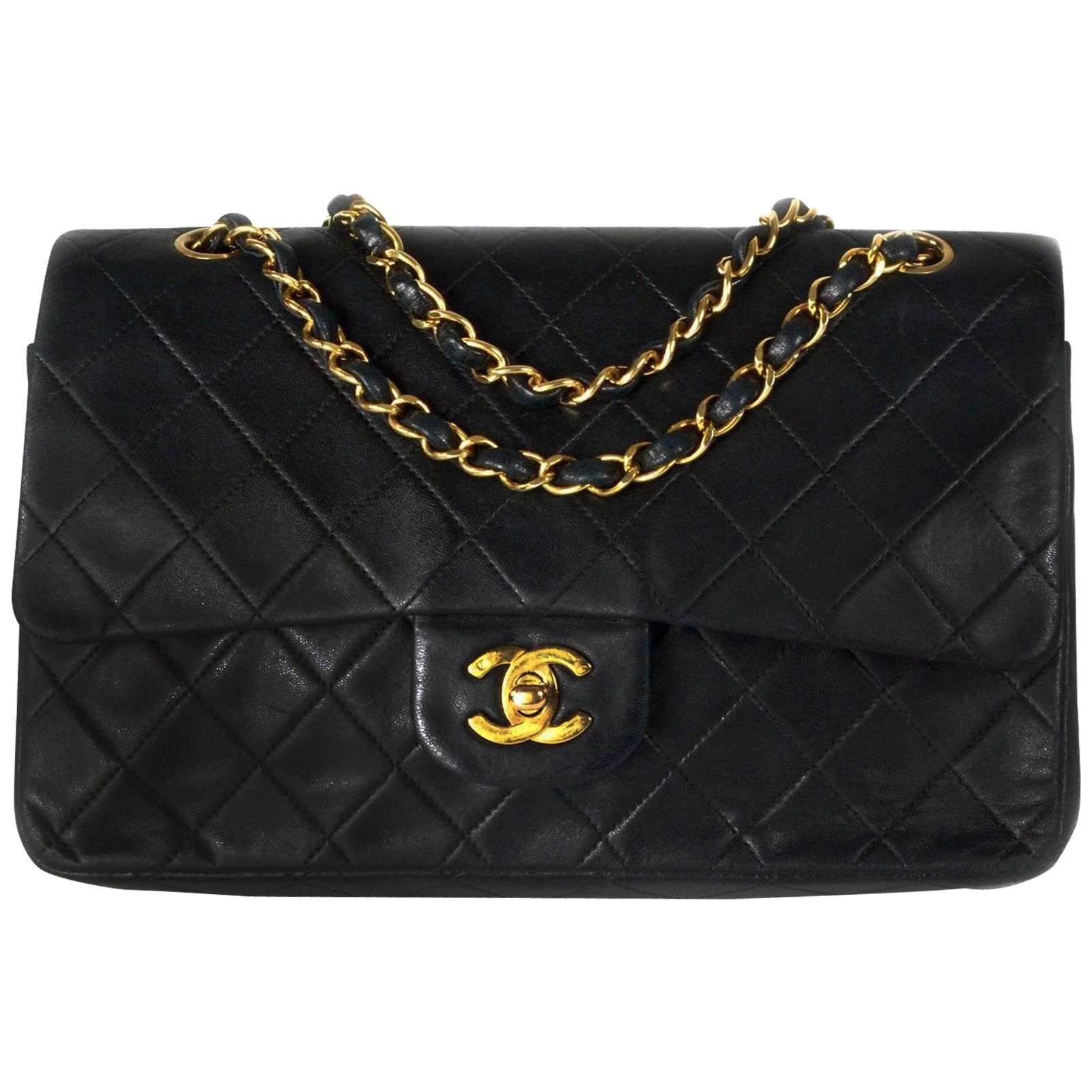 Chanel Medium Black Leather Bag - Quilted Double Flap CC Gold Shoulder Handbag