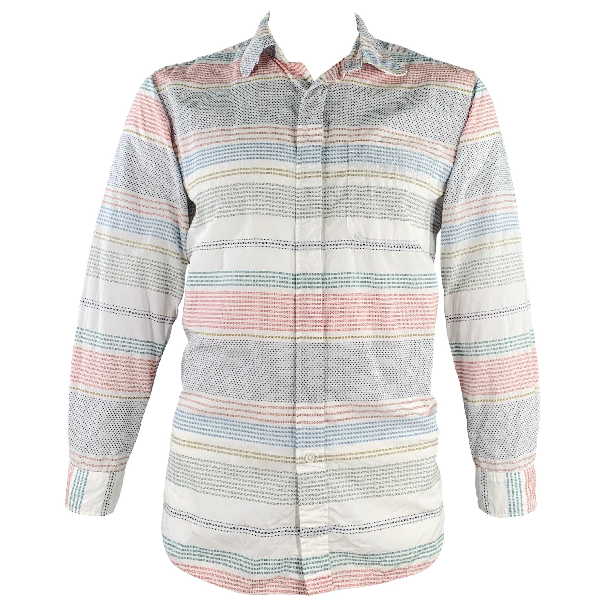 ENGINEERED GARMENTS Size L White Multi Color Stripe Cotton Long Sleeve Shirt For Sale