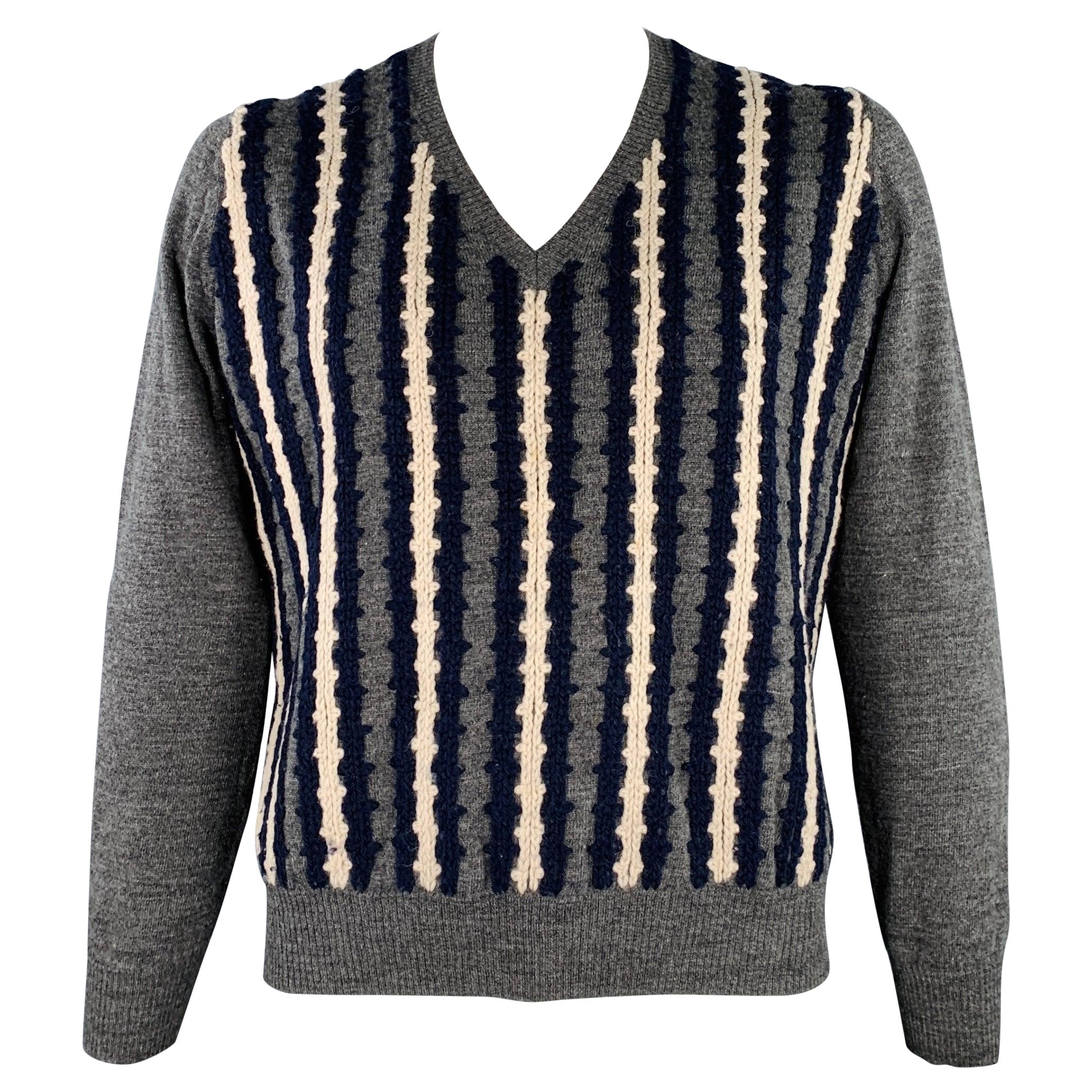 DRIES VAN NOTEN Size XL Grey Navy Cream Stripe Wool V-Neck Pullover For Sale
