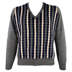 DRIES VAN NOTEN Size XL Grey Navy Cream Stripe Wool V-Neck Pullover