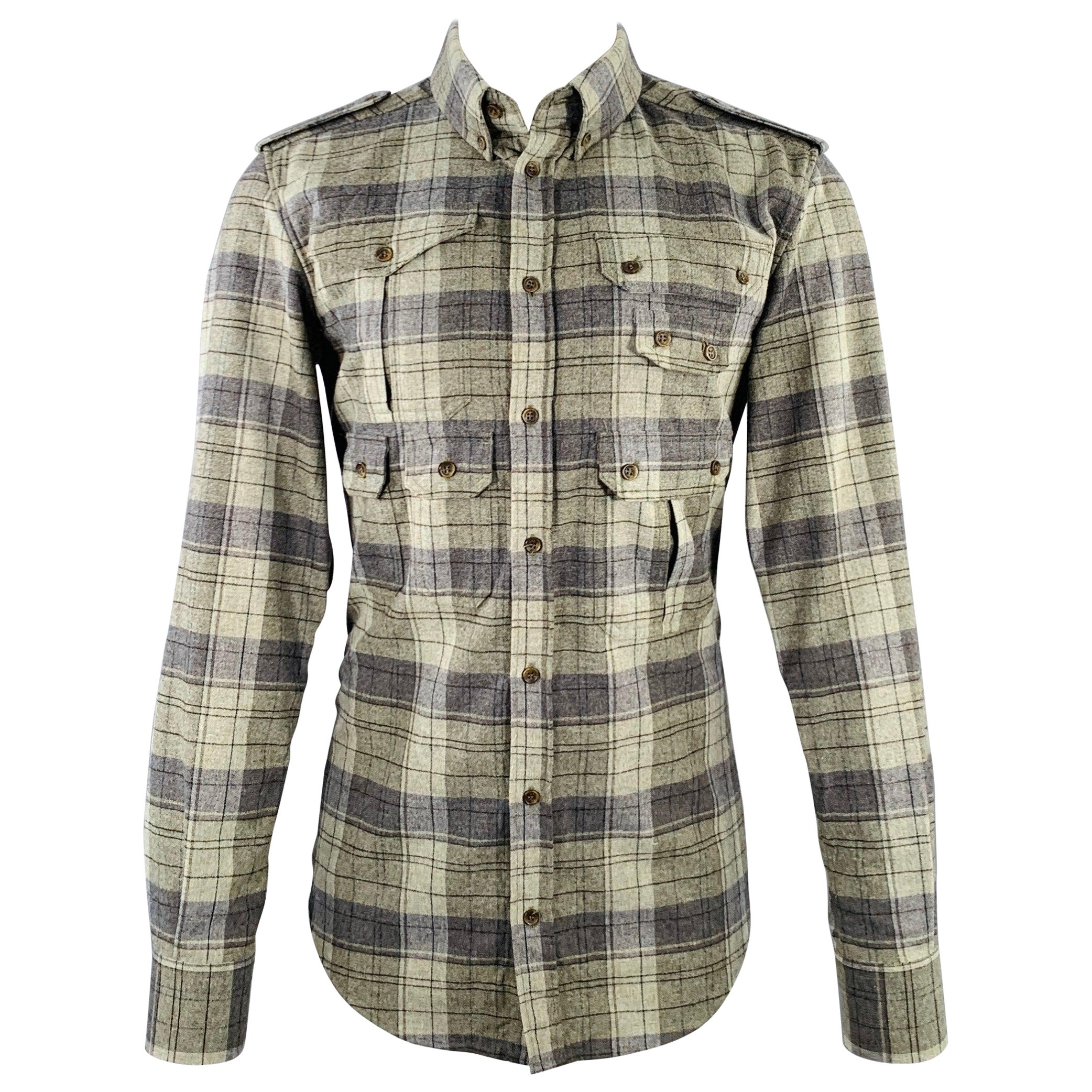 D&G by DOLCE & GABBANA Size 40 Green Grey Plaid Utility Slim Fit Long Sleeve Shirt For Sale