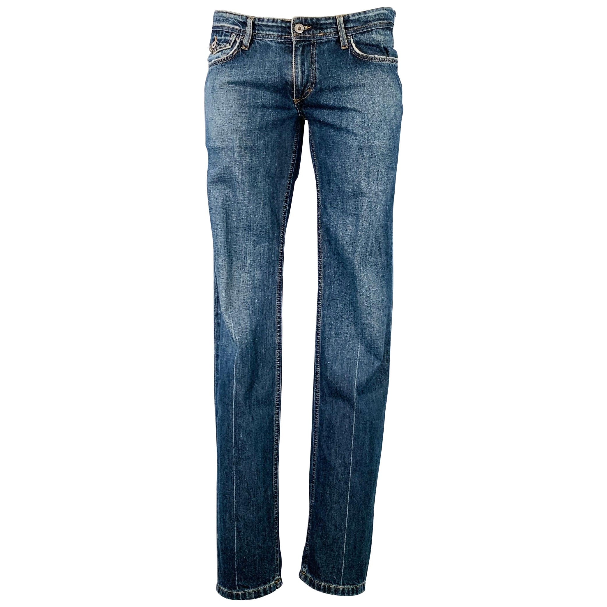 D&G by DOLCE & GABBANA Size 35 Blue Contrast Stitch Cotton Skinny Low Rise Jeans For Sale