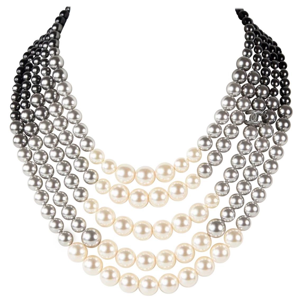 Chanel 2015 Pearl Ombre Necklace - New Gradient Gray White Bead Multistrand CC