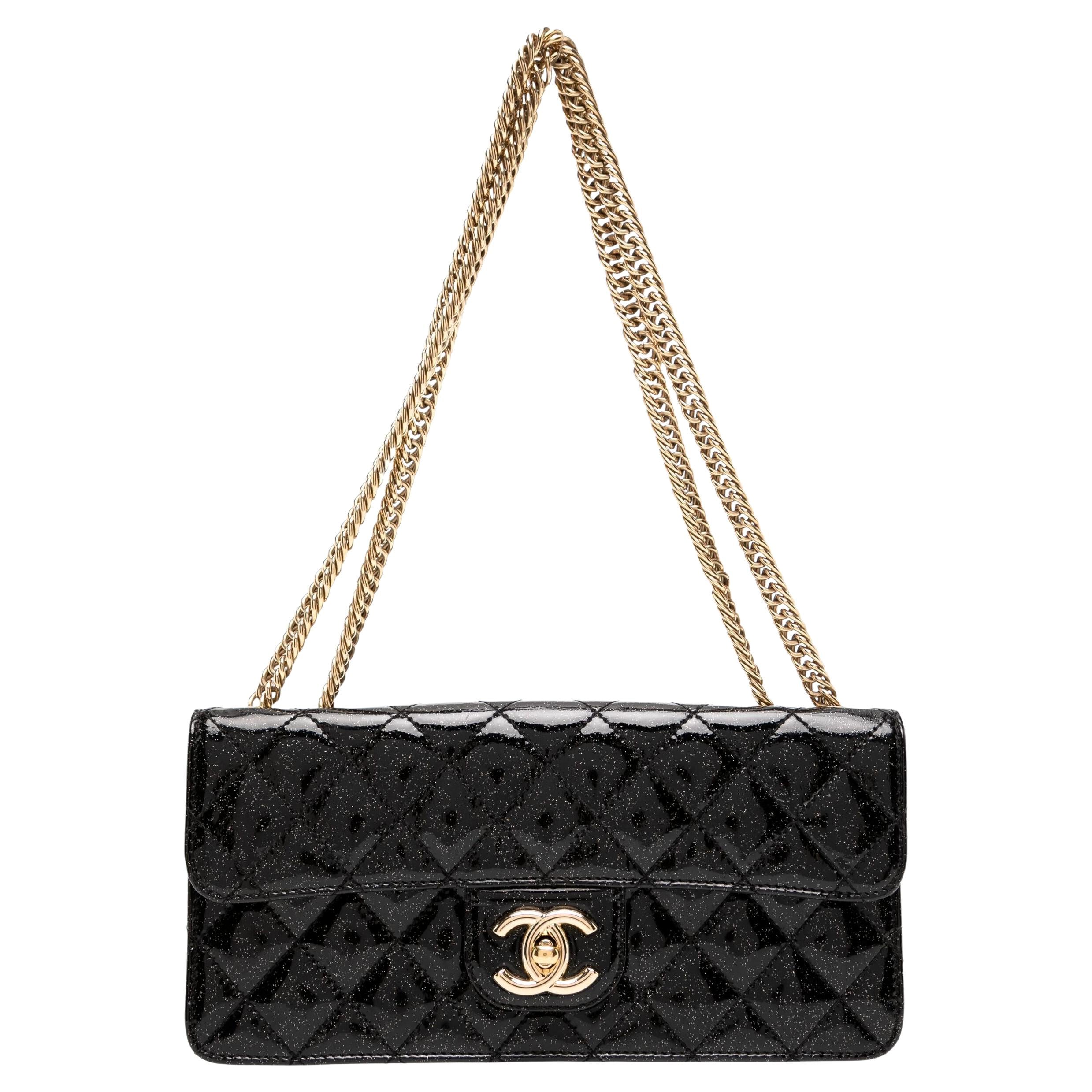 Chanel Long Patent East West Leather Structured Gala Classic Flap Bag For Sale