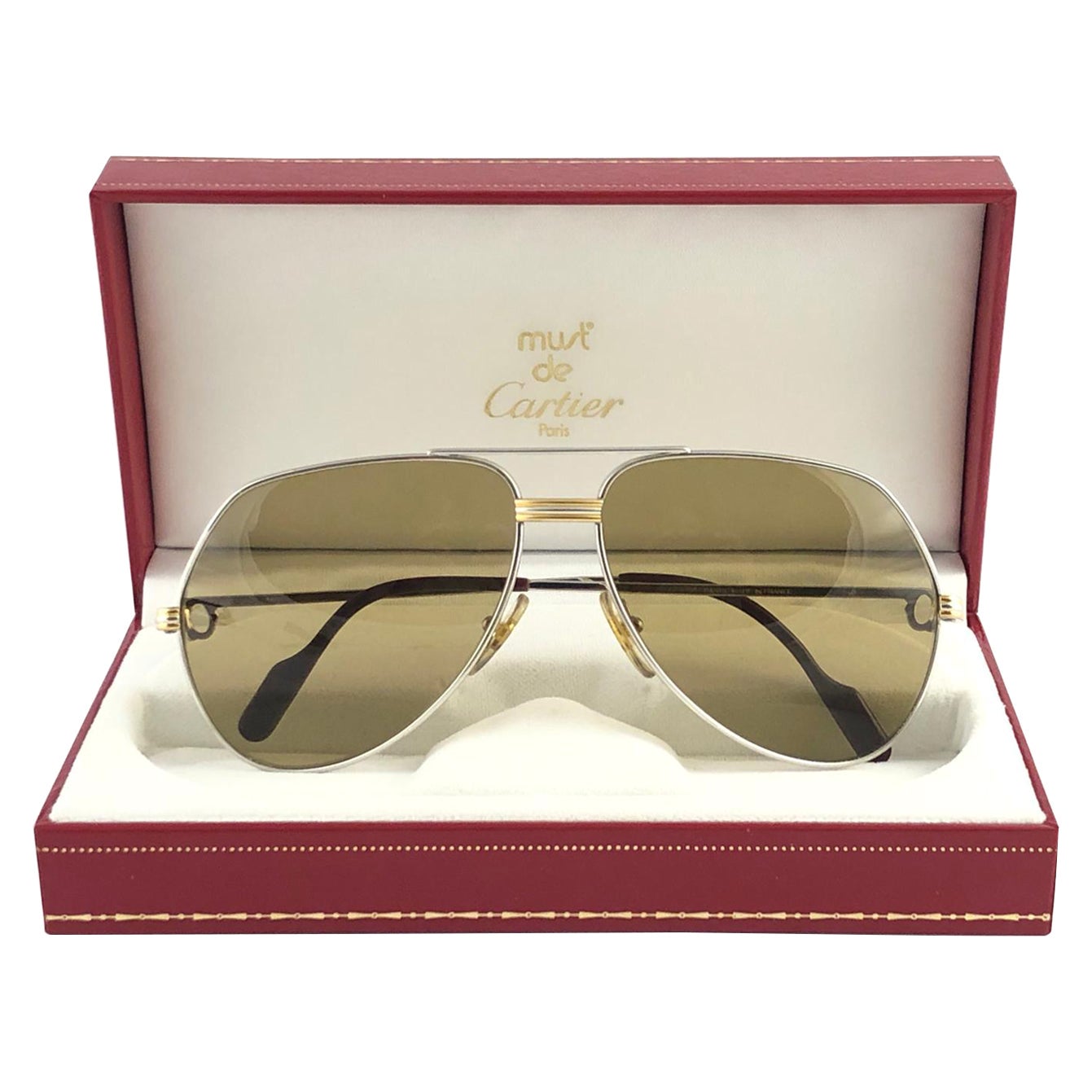 Vintage Cartier Platino 62mm Vendome Oro Espejo Gafas de sol Francia 18k 1983 en venta