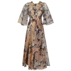 Vintage 1975 Jean-Louis Scherrer Couture Metallic Bronze Floral Organza Belted Dress