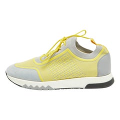 Hermes Gelb/Grau Addict Lace Up Turnschuhe aus Stoff und Leder Größe 41
