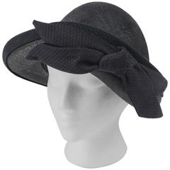 Vintage OSCAR DE LA RENTA Millinery Black Woven Straw Cotton Bow Vegabond Hat 